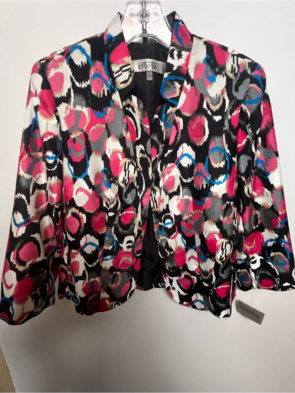 KASPER MULTICOLOR OPEN FRONT PRINTED BLAZER PINK/WHITE/BLACK/BLUE BLACK LINING - Picture 5 of 12